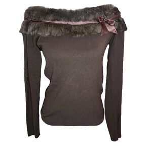 Dolce Cabo Dark Brown Off-Shoulder Sweater with Faux Fur